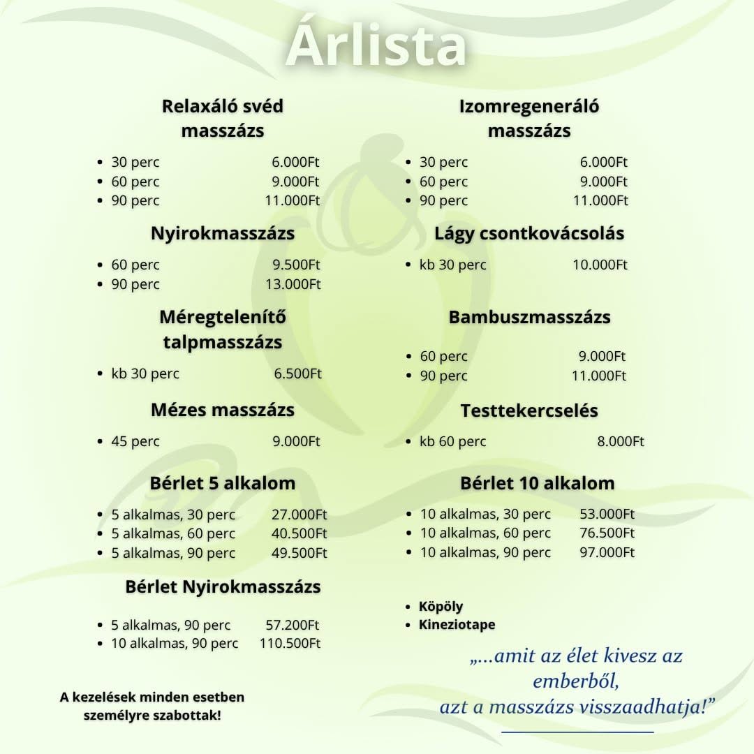 Az Én-Idő Masszázs Kuckó teljes árlistája