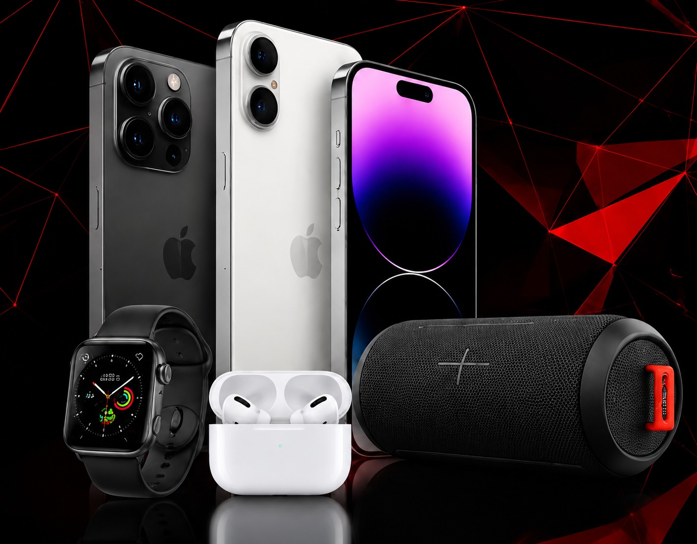 Illusztráció okostelefonokról, okosóráról, vezeték nélküli fülhallgatóról és Bluetooth-hangszóróról